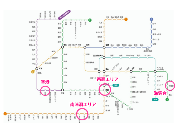 釜山の地下鉄路線図（空港～街）